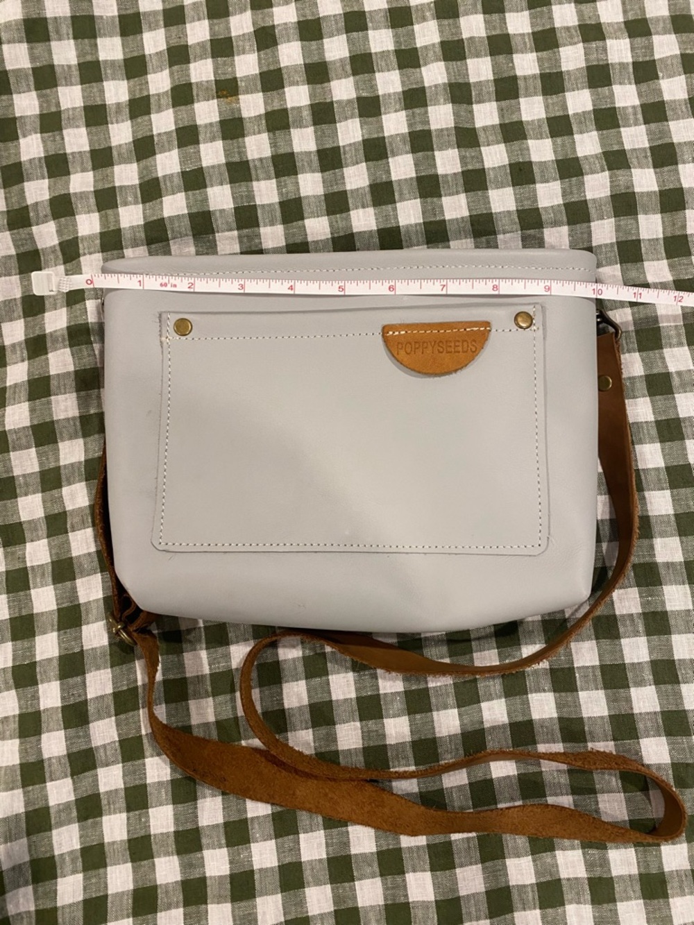 Leather Light Gray Crossbody Bag with Tan Leather Accents - Picture 7 of 8